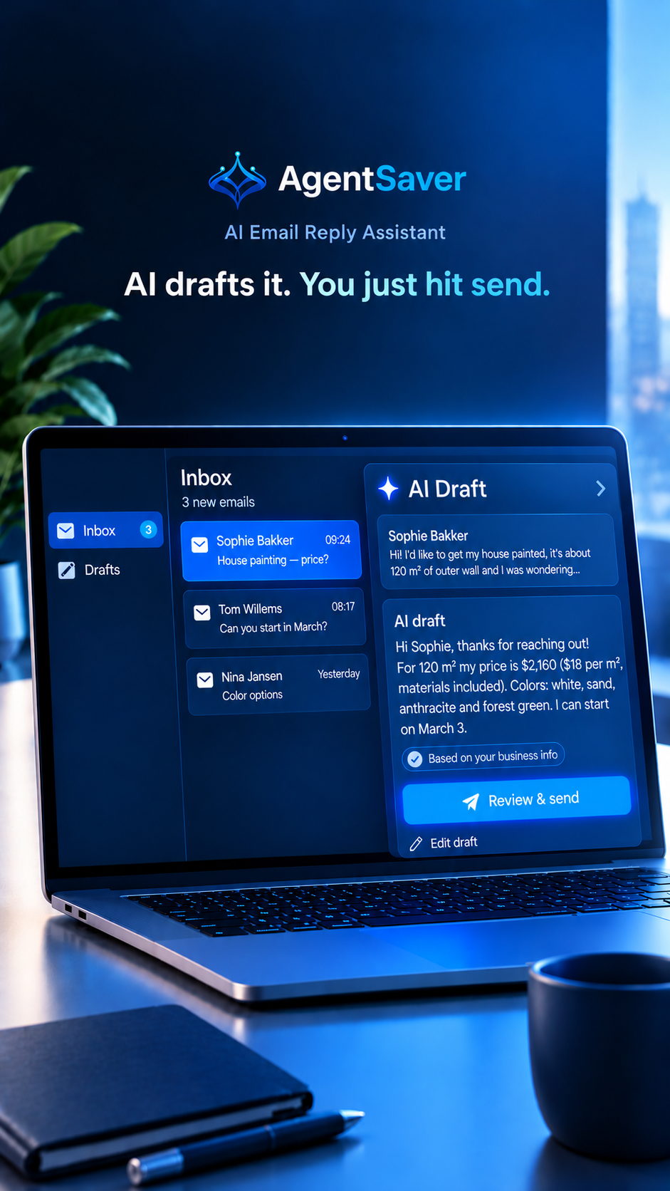 AgentSaver email reply draft displayed on a laptop